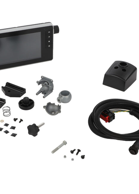 Many components of the AGCO Electronic Device, including a screen, various mounting brackets, screws, a knob, wiring harness, and additional hardware parts are displayed on a white background. No current product description information is available for Accessory Code - Acw188345A by AGCO.