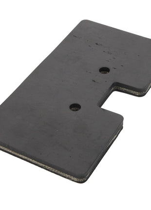 AGCO RUBBER PIECE - D28585021 is a rectangular black rubber pad featuring two holes and a cut-out notch on one side. No current product description available.