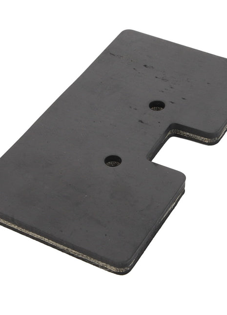 AGCO RUBBER PIECE - D28585021 is a rectangular black rubber pad featuring two holes and a cut-out notch on one side. No current product description available.