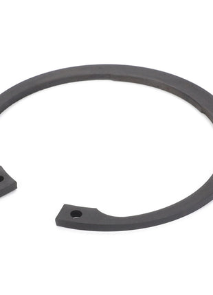 The AGCO CIRCLIP - D42515100 is a black metal retaining ring with two small holes near the ends, ideal for securing components in a variety of assemblies.