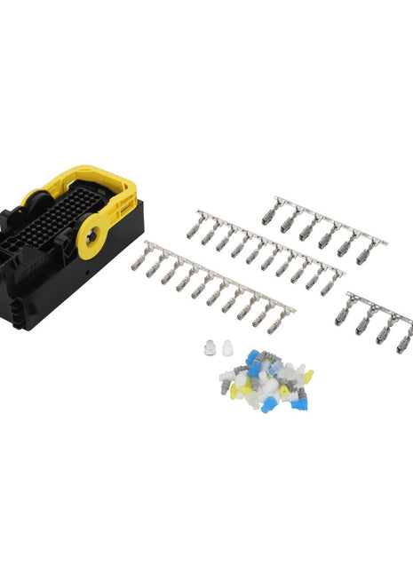 AGCO | Parts Kit - F339900950150: This wire crimping tool set from AGCO includes crimping pliers, an assortment of metal connectors organized in rows, and a small collection of multicolored caps. Detailed product specifications are currently unavailable.