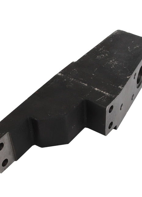 The AGCO | Bracket - Acw016125A by AGCO is a black, rectangular metal component featuring multiple holes and boasting a rugged, industrial appearance. Currently, no additional product description is available for this item.