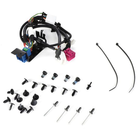 A set of AGCO black wire harness, connectors, bolts, screws, and two zip ties (Product Name: AGCO | WIRE HARNESS - F930500031030) placed on a white background. Current information not available.
