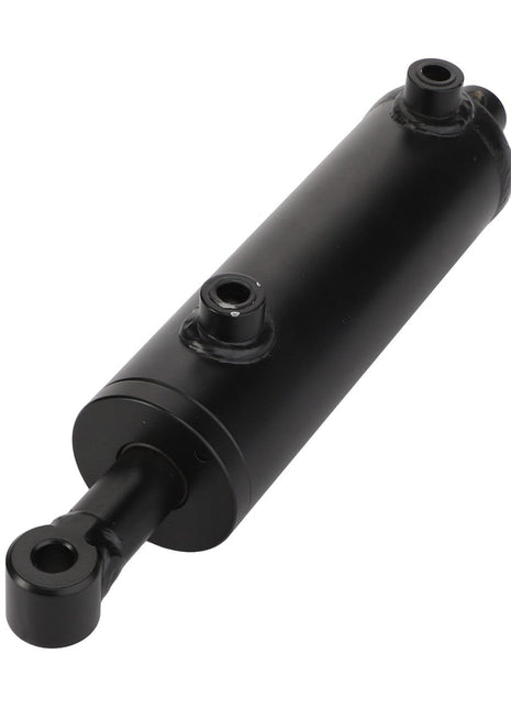 The AGCO | Hydraulic Cylinder - Acp0280310 by AGCO is a black hydraulic cylinder with mounting points on both ends, featuring a cylindrical body and a piston rod extension. No current product description available.