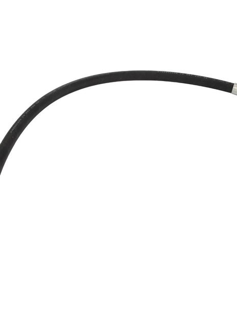 The AGCO Hose - Acw0280870 is a flexible black hydraulic hose with metal fittings on both ends, curved into a half-circle shape.
