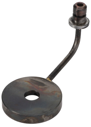 The AGCO | Pivot - F119200211290 by AGCO is a metallic component characterized by a round base with a central hole, a curved stem, and a cylindrical attachment at the top.