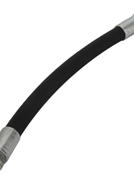 The AGCO Hydr. Hose - Acx2431020 by AGCO is a black, flexible hose equipped with metal connectors at both ends, making it perfect for plumbing or fluid transfer applications. This product description provides all the essential details you need.