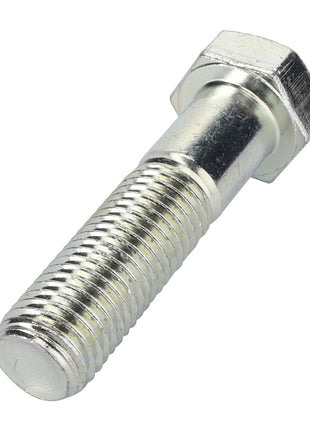 A detailed close-up of the AGCO | SCREW - AL5002201, a silver hex bolt from AGCO, highlights its threading designed for material securement. The bolt is positioned diagonally to showcase both the intricately crafted head and threaded shank.