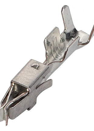 Close-up image of the AGCO Socket Contact - F002900020050, a metallic crimp terminal connector typically used in electrical wiring to join two cables together. No current product description information is available.