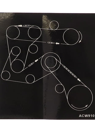 Diagram detailing the routing of a serpentine belt through various pulleys, clearly labeled with the AGCO code "ACW9101440" for Decal, Gauge Wheel in the lower right corner.