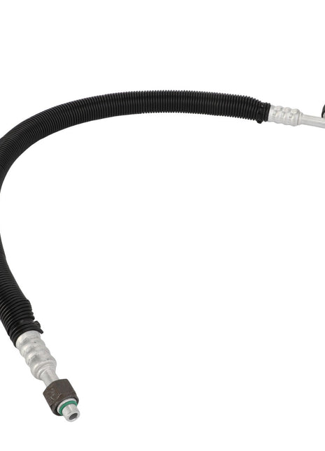 AGCO | AIR CONDITIONING HOSE - ACY1581860 is a flexible, black, corrugated hose with metal fittings at both ends, used in automotive applications.