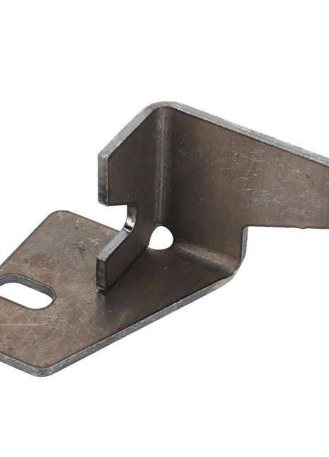 The AGCO | BRACKET - D28787500 by AGCO is a sturdy metal bracket with an angled design, featuring one elongated hole and a smaller circular hole for versatile mounting options.