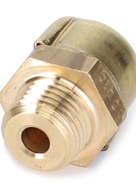 A close-up view of the AGCO Bleeder Valve for axle, model F139100050090, showcasing its metallic hexagonal threaded fitting with a rounded cap and central opening. No current product description available.