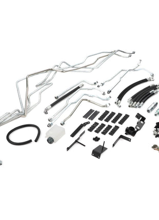 The AGCO Hydraulic Kit - Acp0633630 features an assortment of metal tubes, rubber hoses, connectors, and brackets arranged neatly on a white background.