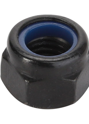 Close-up of the AGCO Hex Top Lock Nut - Acw1525940, a black nut featuring a blue nylon insert.