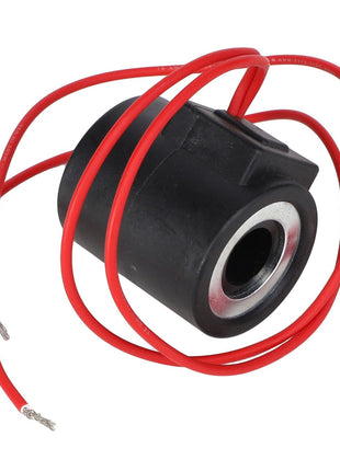 The AGCO | COIL - AG712154 is a cylindrical electromagnetic coil featuring a black casing and red wires protruding from both ends. The unconnected wires have exposed ends, making it ideal for various customization needs.