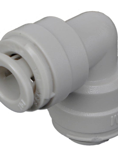 The AGCO UNION FITTING - AG516229 is a white plastic elbow connector featuring push-fit ends, designed specifically for joining pipes or tubing at a 90-degree angle.