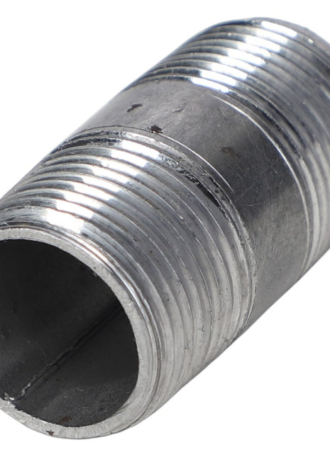 The AGCO PIPE NIPPLE - AG559385, a metal pipe fitting with threaded ends, lies horizontally on a white background.