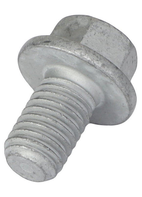 A close-up image of the AGCO | HEXAGONAL HEAD BOLT - F934201210640 with a partially threaded shaft. The steel bolt showcases intricate detailing, highlighting its durability and precision engineering.