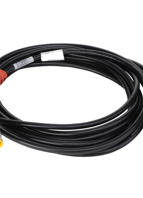 The AGCO Cable - Acw1390890 is a coiled black cable featuring metal connectors at both ends—one with a yellow tip and the other with a series of prongs. It also includes a red tie that secures part of the cable. Currently, detailed product description information is not available.