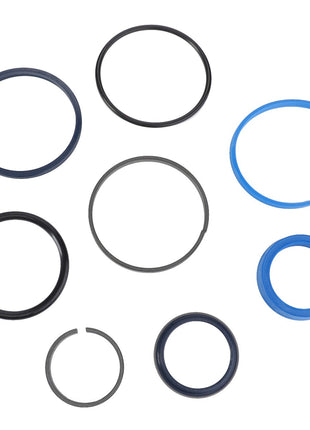 A collection of variously sized black and blue O-rings arranged on a white background from the AGCO | SEALS KIT - AL5033705 by AGCO.