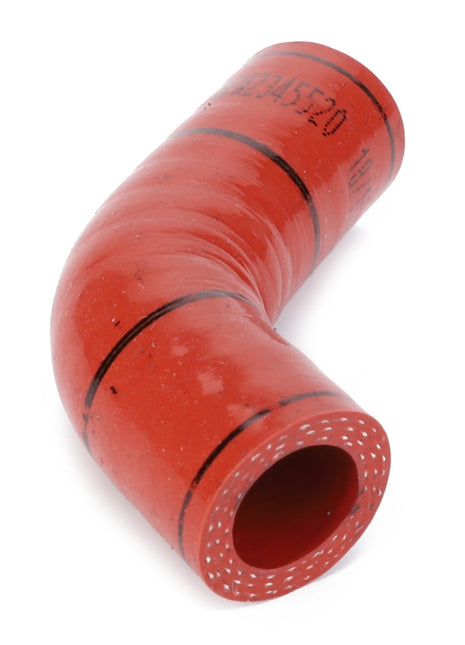 The AGCO Oil Hose, For Turbo - Acw2345520 is a red, elbow-shaped rubber hose with black markings, designed from high-quality materials for the engine air system.