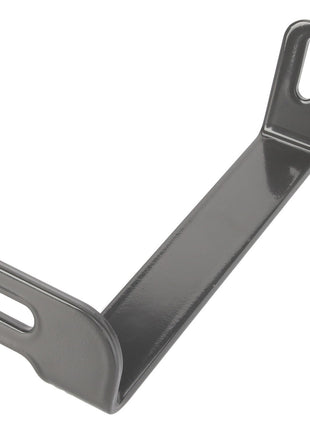 The AGCO Bracket - Acw1038550 by AGCO is a metal bracket with a black finish, featuring an elongated U-shape and oval holes at both ends. No current product description information is available.