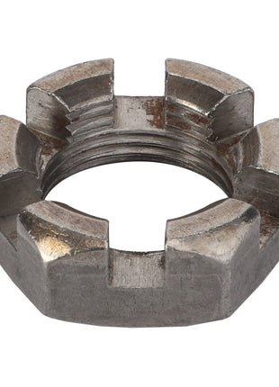 The AGCO | NUT - AG334327 is a durable metal castle nut with six notches around its circumference, commonly used in mechanical applications for secure and reliable fastening.