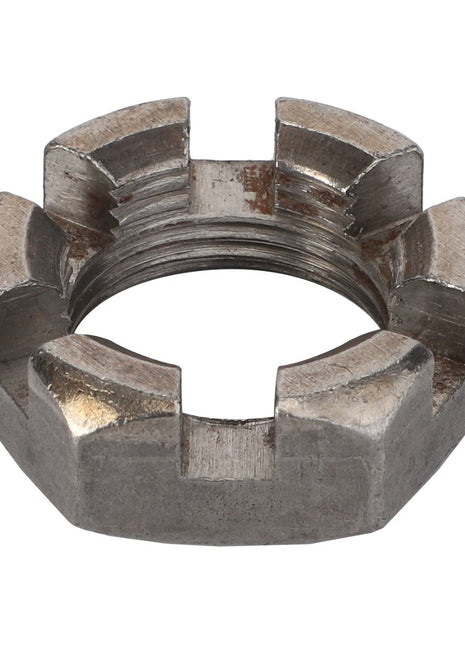 The AGCO | NUT - AG334327 is a durable metal castle nut with six notches around its circumference, commonly used in mechanical applications for secure and reliable fastening.