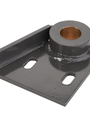 The AGCO BRACKET - D28480203 is a metal bracket with a circular opening and two elongated mounting holes, designed for structural support or mounting applications. There is no current product description information regarding its load capacity. It is painted in dark grey.