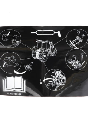 AGCO's Decal, Instructive - Acw2017620 features a black instruction sheet outlining multiple assembly steps for a toy tractor, including illustrated diagrams and references to agricultural engineering manuals and AGCO Parts.