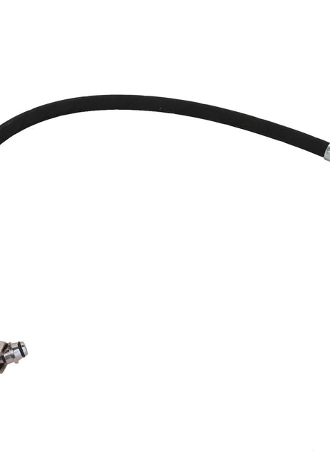 Image of the AGCO Hydraulic Hose - Fel152533, a versatile black hose with metal fittings on both ends, featuring an angled connector on one side and a straight connector on the other.