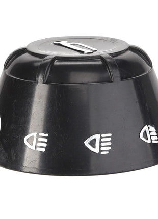 A sleek black plastic control knob by AGCO, model Acp0197810, featuring clear white markings and a metallic slot on top.