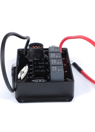 The AGCO | Fuse Panel, 30 A - AG124452 is a black electronic relay board with three relays, multiple connectors, and red and black wires attached. Isolated on a white background, this product exemplifies OE quality and is engineered for performance and durability.