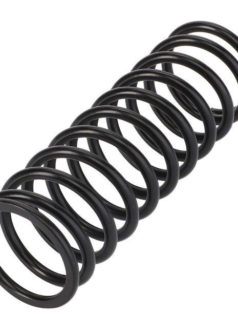 An angled view of the AGCO | Spring - Acx0090110, a coiled metal spring featuring a sleek black finish. The spring's coils are evenly spaced and it is displayed against a plain white background. Additional product description details are currently unavailable.