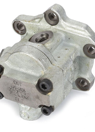 The AGCO Fuel Pump - 4227404M91 is a metal mechanical part with mounting holes, a central threaded hole, and multiple connection points, typically used in industrial equipment from brands like Valtra or Massey Ferguson.