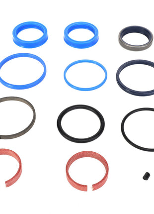 The AGCO | SEALS KIT - AL5033711 features an array of sealing rings and washers in blue, black, and brown, all meticulously organized in rows on a pristine white background. Note that there is no current product description information available for this item.