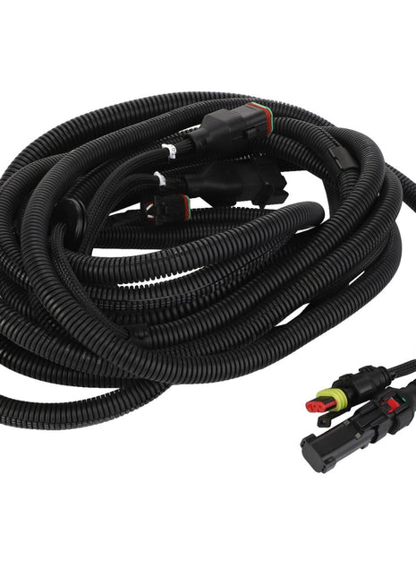 Here is an image of the AGCO | Harness - Acw0720170, a coiled black automotive wiring harness featuring several connectors and a durable protective sleeve.