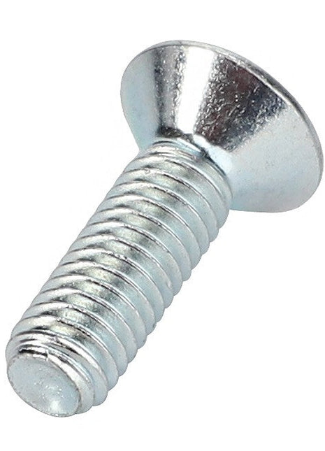 A close-up of the AGCO COUNTERSUNK CAPSCREW - 0902-60-34-00, a metallic screw with a flat, conical head and threaded body, commonly used for fastening purposes.