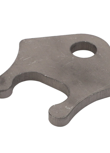 AGCO | Thrust Washer - F119200210990: Small metal bracket featuring a circular hole near the top and a U-shaped cutout at the bottom. No current product description available for this product.