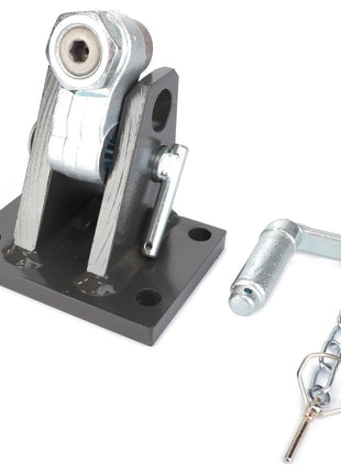 The AGCO | CONTROL LOCK - F835500165070 by AGCO is a metal hinge mechanism featuring a mounting base and a detachable pin connected by a chain. Currently, no additional product description information is available.