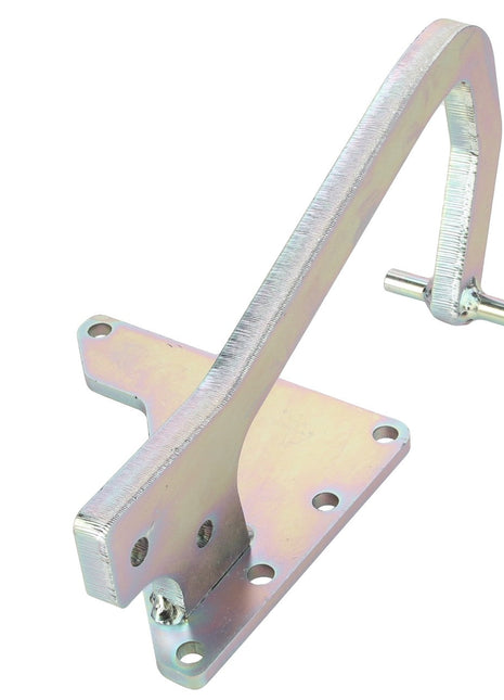 The AGCO Hinge - Acx2072210 by AGCO is a metal bracket with a rectangular base featuring multiple holes and a curved arm extending upward, ending in a sleek cylindrical peg.