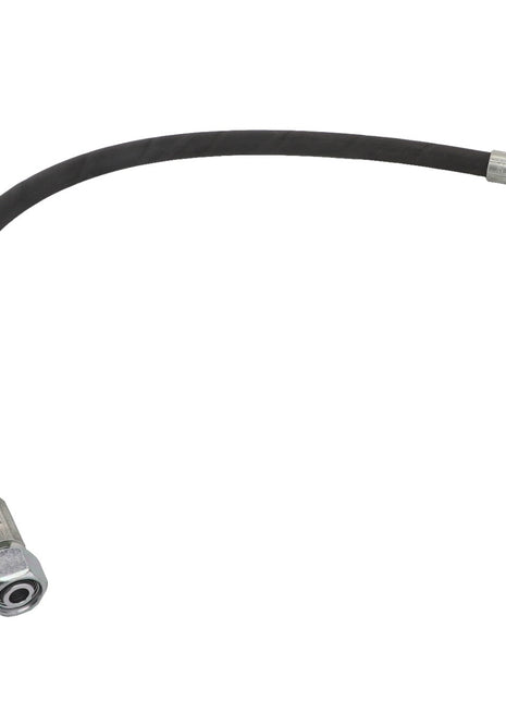 The AGCO Hydraulic Hose - Acw2120900 is a flexible black rubber hose featuring metal connectors on both ends, with one connector being straight and the other angled. No additional product description information is available at this time.