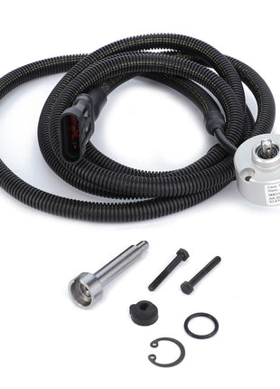 The AGCO | Steering Sensor - Acw1096850 kit includes a replacement vehicle speed sensor with a coiled cable, connector, and mounting hardware such as screws, rings, and washers. Enjoy high accuracy and long service life for your vehicle’s performance with this premium AGCO product.