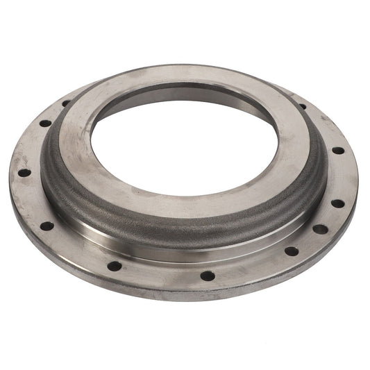 The AGCO | FLANGE - 0.008.5342.0 is a circular metal bearing housing featuring multiple bolt holes around the perimeter and a central opening. For any inquiries, please contact our support team for assistance.