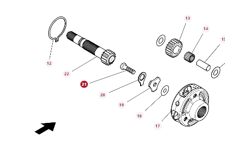 Exploded view of a Massey Ferguson mechanical assembly, showing various components including gears, washers, and the main shaft with parts numbered 12 to 22. A bold number 21 is highlighted in red and represents the Hex Cap Screw (4311946M1) from AGCO.