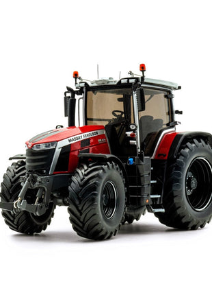 A Limited Edition Massey Ferguson 8S.305 tractor, produced by AGCO and limited to just 500 units (UH6676T), features a striking red and black color scheme, large tires, a cabin with dark tinted windows, and headlights, viewed from the front left side.