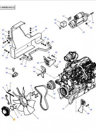 Diagram of a Massey Ferguson - Clutch - 4282824M1 engine assembly by AGCO with various components labeled by numbers, including a cooling fan, belts, and brackets. Parts are separated and indicated by arrows pointing to their respective positions.