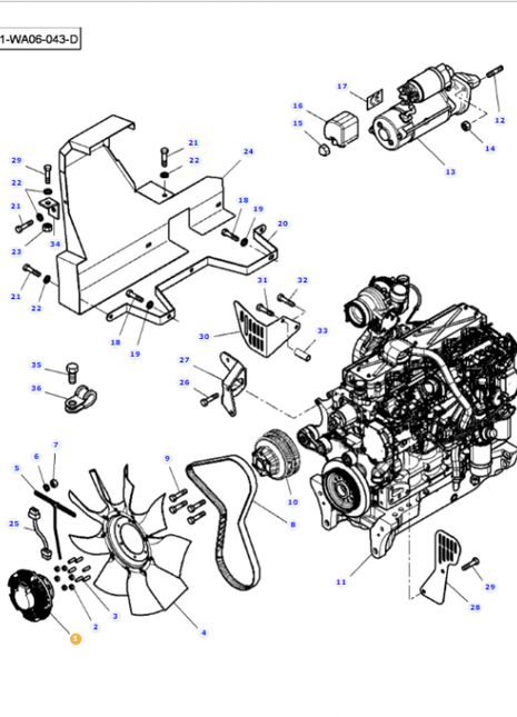 Diagram of a Massey Ferguson - Clutch - 4282824M1 engine assembly by AGCO with various components labeled by numbers, including a cooling fan, belts, and brackets. Parts are separated and indicated by arrows pointing to their respective positions.