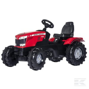 A red children's pedal tractor, the Massey Ferguson 7726, features large black wheels, a steering wheel, and an adjustable seat for comfort. This ride-on marvel is suited for children aged 3 and up and is part of the rollyFarmtrac series by Rolly Toys (R60115).